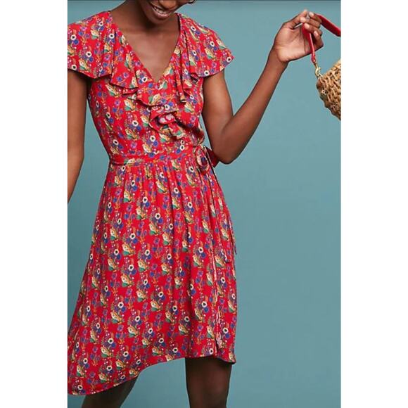Women's Anthropologie Maeve Short Floral Faux Wrap Hi-Low Dress Red, Size 6, EUC - Picture 1 of 5
